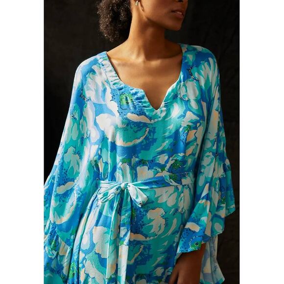 New Anthropologie Bel Kazan Floral Kaftan $150 ONESIZE Blue/Green Resort Wear - Picture 2 of 7